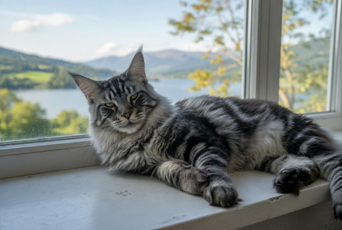 Majestic Maine Coon cat lounging by a window
